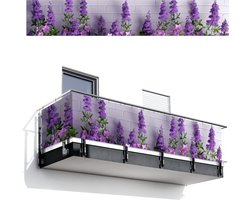 Balkonscherm 500x90 cm - Balkonposter Bloemen - Planten - Paars - Groen - Wit - Balkon scherm decoratie - Balkonschermen - Balkondoek zonnescherm