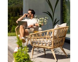 Balkonset 2 personen met tafel en stoelen – Polyrotan tuinset met kussens en glasplaat, weerbestendig – Compacte lounge tuinmeubelset beige/crème – Urbanhome