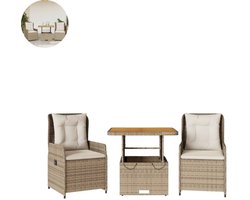 Balkonset 2 personen - Tuinset - Bistroset - Beige en crème - Weerbestendig - 3 delig - Tuintafel en 2 stoelen - 2 personen - Poly rattan