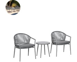Balkonset 2 personen - Tuinset - Bistroset - Grijs - Weerbestendig - 3 delig - Met kussens - Tuintafel en 2 stoelen - 2 personen - Gecoat staal - Onderhoudsvrij staal