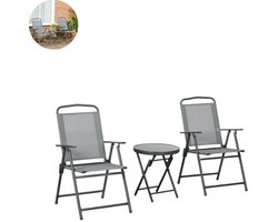 Balkonset 2 personen - Tuinset - Bistroset - Lichtgrijs - Weerbestendig - 3 delig - Tuintafel en 2 stoelen - 2 personen - Gecoat staal - Onderhoudsvrij staal