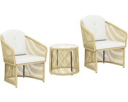 Balkonset 2 personen - Tuinset - Bistroset - Natuurlijk + Crèmewit - Weerbestendig - 3 delig - Tuintafel en 2 stoelen - 2 personen - Gecoat staal - Onderhoudsvrij staal