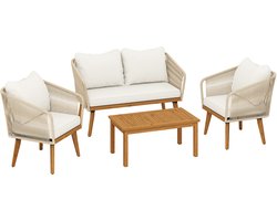 Balkonset 4 personen - Tuinset - Bistroset - Beige + Natuurlijk hout + Crème wit - Weerbestendig - 3 delig - 4 stoelen - 4 personen - Staal