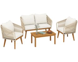 Balkonset 4 personen - Tuinset - Bistroset - Beige + Natuurlijk hout + Crème wit - Weerbestendig - 4 delig - 4 stoelen - 4 personen - Staal,Acaciahout