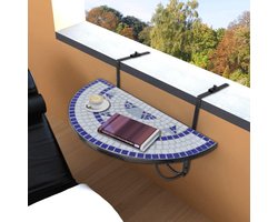 Balkontafel Mozaïek - Hangtafel Balkon - Buiten Zitten - Halfrond Ontwerp - 76 x 56 x 64 cm - Blauw Wit