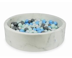 Ballenbak 110x30 cm met marmeren rand en 400 ballen: licht mintgroen, babyblauw, grijs, parelmoer