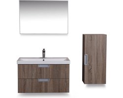 Bally Badmeubel 80cm Met Keramische Wastafel En Spiegel En Zijkast Eiken