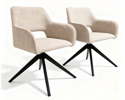 Bam & Boo Serena Draaistoelen Set van 2 – Beige Chenille Eetkamerstoelen met Armleuningen – 360° Draaibaar – Moderne Stoel – Zwart Metalen Onderstel