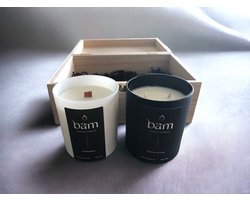 BAM geurkaarsen in een houten kist - cadeaupakket met 2 kaarsen wilde rozen - katoenen wiek en houten wiek - geschenk - moederdag
