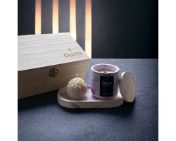 BAM houten kist met ovalen schaal, decoratieve roos en Lavendel geurkaars met houten wiek in een paars gemarmerd handmade potje - 35 branduren (140g) - cadeautip - geschenk - vegan