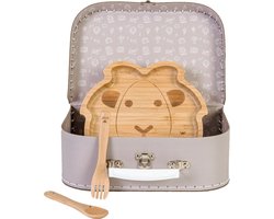 BamBam Cadeaukoffer Fusion Time Grijs - Bamboe bordje Leeuw, Bamboe vork & lepel - Baby cadeau