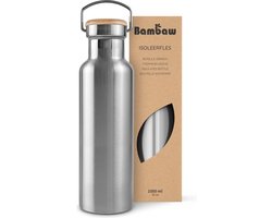 Bambaw® 1 Liter RVS Thermosfles - Isoleerfles, Dubbelwandig, Lekvrijen, loodvrij en Plasticvrij Geïsoleerde Fles met Bamboe Deksel voor Warme en Koude Dranken - Ideaal voor Reizen, Werk, Yoga, Wandelen en Dagelijks Gebruik - zilver