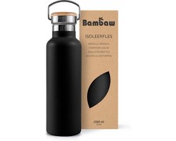 Bambaw® 1 Liter RVS Thermosfles - Isoleerfles, Dubbelwandig, Lekvrijen, loodvrij en Plasticvrij Geïsoleerde Fles met Bamboe Deksel voor Warme en Koude Dranken - Ideaal voor Reizen, Werk, Yoga, Wandelen en Dagelijks Gebruik – zwart