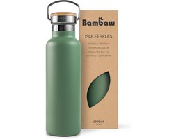 Bambaw® 1 Liter RVS Thermosfles - Isoleerfles, Dubbelwandig, Lekvrijen, loodvrij en Plasticvrij Geïsoleerde Fles met Bamboe Deksel voor Warme en Koude Dranken - Ideaal voor Reizen, Werk, Yoga, Wandelen en Dagelijks Gebruik – groen