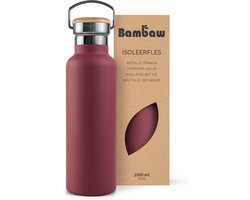 Bambaw® 1 liter RVS Thermosfles - Isoleerfles, Dubbelwandig, Lekvrijen, loodvrij en Plasticvrij Geïsoleerde Fles met Bamboe Deksel voor Warme en Koude Dranken - Ideaal voor Reizen, Werk, Yoga, Wandelen en Dagelijks Gebruik – rood