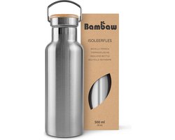 Bambaw® 500ml RVS Thermosfles - Isoleerfles, Dubbelwandig, Lekvrijen, loodvrij en Plasticvrij Geïsoleerde Fles met Bamboe Deksel voor Warme en Koude Dranken - Ideaal voor Reizen, Werk, Yoga, Wandelen en Dagelijks Gebruik - zilver