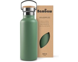Bambaw® 500ml RVS Thermosfles - Isoleerfles, Dubbelwandig, Lekvrijen, loodvrij en Plasticvrij Geïsoleerde Fles met Bamboe Deksel voor Warme en Koude Dranken - Ideaal voor Reizen, Werk, Yoga, Wandelen en Dagelijks Gebruik – groen