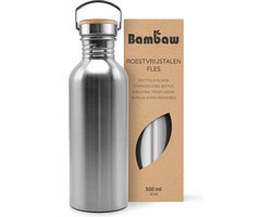 Bambaw® Waterfles 500ml - Enkelwandige drinkfles - Lekvrij, Plasticvrij met Bamboe Dop - Waterflessen Volwassenen - Waterfles RVS - Perfect voor Reizen, Wandelen, Dagelijks Gebruik, Kamperen - Water Fles - Camping - Zilver