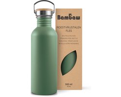 Bambaw® Waterfles 500ml - Enkelwandige drinkfles - Lekvrij, Plasticvrij met Bamboe Dop - Waterflessen Volwassenen - Waterfles RVS - Perfect voor Reizen, Wandelen, Dagelijks Gebruik, Kamperen - Water Fles - Camping - Groen