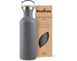 Bambaw® Waterfles 500ml - Enkelwandige drinkfles - Lekvrij, Plasticvrij met Bamboe Dop - Waterflessen Volwassenen - Waterfles RVS - Perfect voor Reizen, Wandelen, Dagelijks Gebruik, Kamperen - Water Fles - Camping - Donkergrijs