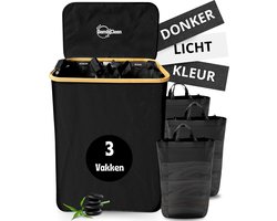 BambiClean Wasmand 3 Vakken - Wassorteerder 145L - 100% Bamboe Wasmand met Deksel - Katoen