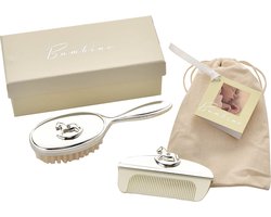 Bambino - Verzilverd baby kado - Borstel- en Kamset met Hobbelpaard Icoon - Silver Plated - babycadeau -doop - geboorte - Zilver - Baby Gift - kaptafel set