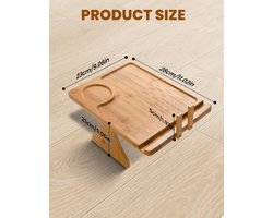 Bamboe armsteun dienblad voor bank, opvouwbare bamboe dienbladhouder, geschikt voor drankjes, snacks, boeken, mobiele telefoons, koffie en afstandsbedieningen.