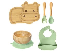 Bamboe Baby Servies Set Koe – 5-delig Kinderservies met Groene Siliconen Zuignappen – Bord, Kom, Lepel, Vork & Slab – BPA-vrij, Duurzaam en Veilig - Anti-slip - Eetset voor Baby’s en Peuters
