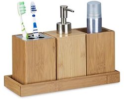 Bamboe Badkameraccessoires Set – Complete 4-delige Badkamer Set met Zeepdispenser, Tandenborstelhouder, Beker en Schaaltje – Natuurlijk Duurzaam Design, Vochtbestendig en Stijlvol voor Moderne Badkamer Inrichting