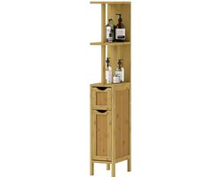 Bamboe Badkamerkast Hoge Kast - Smalle Opbergkast Badkamer - Toiletkast met Deuren en Open Planken - Hout - 30x18x120 cm