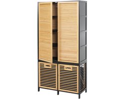 Bamboe badkamerkast MCW-N83, badkamerrek, 2 deuren met wasmanden MVG 168x82x34 cm ~ naturel-zwart, mand antraciet