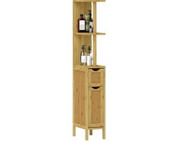 Bamboe, badkamermeubel met steunpalen, hoog kastmeubel, voorzien van 2 open legplanken en 2 kastdeuren met magnetische sluiting