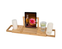 Bamboe Badplank Verstelbaar 50–85 cm – Luxe Uitschuifbaar Badrek met Boekensteun, Tablethouder, Wijn- en Bekerhouders – Perfect Badaccessoire voor Ontspanning, Wellness en Comfort in de Badkamer