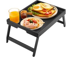 Bamboe Bedtafel Opvouwbaar – Ontbijt Dienblad, Laptoptafel en Serveerblad met Inklapbare Poten & Handgrepen 50 × 30 × 21,6 cm-Zwart