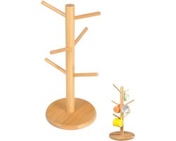 Bamboe bekerhouder - Glazen organizer - Koffiebekerhouder - Theebekerhouder voor op het aanrecht - Accessoires voor koffiebars - Mokhouderboom - met 6 haken - voor keuken, kast, voorraadkast - Houtkleur