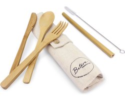 Bamboe bestek - 4-delige set - bamboe servies - houten bestek - bamboe lepel - bamboe bestekset - bio bestek - bamboe vork - beige - linnen - duurzaam cadeau - betereproducten.nl