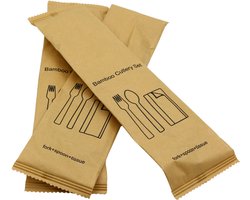 Bamboe Bestekset met Servet - 50 Sets - Milieuvriendelijk Wegwerpbestek - Bamboe Vork en Lepel - Ideaal voor Feest, Picknick en Takeaway