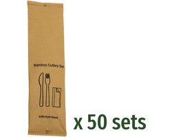Bamboe Bestekset met Servet - 50 Sets - Milieuvriendelijk Wegwerpbestek - Bamboe Vork en Mes - Ideaal voor Feest, Picknick en Takeaway