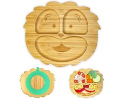 Bamboe bord met sterke zuignap voor baby's en peuters - antislip BLW bord - kinderbord om te leren eten (lion_groen) bamboo bord