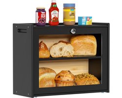 Bamboe broodtrommel – houten brooddoos met ventilatie, 2 planken en groot kijkvenster, voedselveilige broodopbergbox, 40 x 31 x 17,5 cm