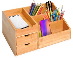 Bamboe Bureau Organizer met 2 Lades 33x20,5x15,5cm Natuurlijk 7 Vakken Opbergbox voor Kantoor Thuiskantoor Studie