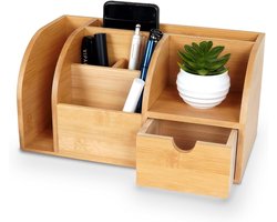 Bamboe Bureau Organizer met Lades - Houten Opbergdoos voor Bureaublad, Desk Organizer voor Kantoorbenodigdheden, Afstandsbediening en Make-up Accessoires