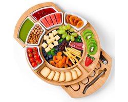 Bamboe Charcuterie Boards Set, Ronde Kaasplank en Messenset met Serveergereedschap, Bestek, Marmeren Plaat, Keramische Kommen, Kaasschaal voor Housewarming Gift