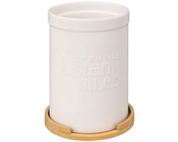 Bamboe deksel kookgerei pot - wit keramiek - duurzaam