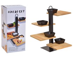 Bamboe Etagère - Luxe Serveerset inclusief sausbakjes - Serveertoren 4 laags - 32x35x32 cm