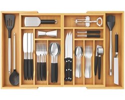 Bamboe Extra Grote Besteklade Organizer, Uitbreidbaar tot 36 Inch Besteklade voor Keuken, Verstelbare Zilverwerk en Bestekhouder, Plastic Opbergvak voor Lepels Vorken Messen