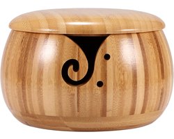 Bamboe garenkom - Handgemaakte opbergkom voor breigaren - Met afneembaar deksel en gaten - Breikom - Wolstandaard - Geschikt voor breien, haken en woondecoratie - Houtkleur - Diameter 15,5 cm x 9,5 cm hoogte