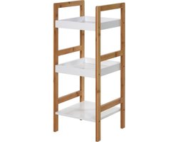 Bamboe houten bijzet kastje/badkamer rek wit/bruin met 3 planken 30 x 30 x 72 cm - Bijzetkastjes