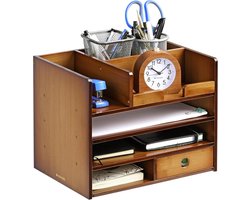 Bamboe Houten Bureau Organizer - Bureau Kast 33 x 24 x 26 cm - Voor Kantoorbenodigdheden en Brieven - Donkerbruin