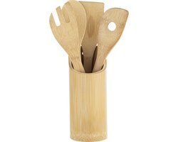 Bamboe houten keukengerei set 4-delig met houder - Bak spatels - Lepels